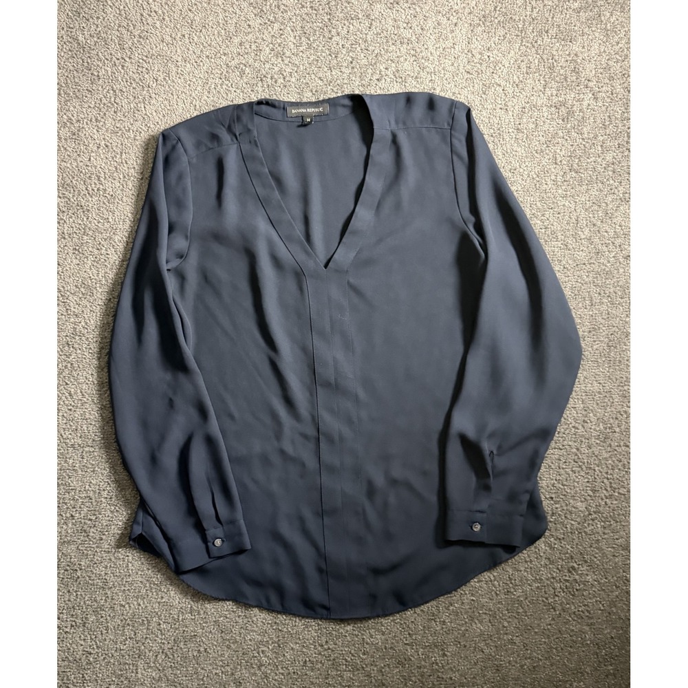Banana Republic Navy Blue V-Neck Long Sleeve Pleated Front Blouse Medium